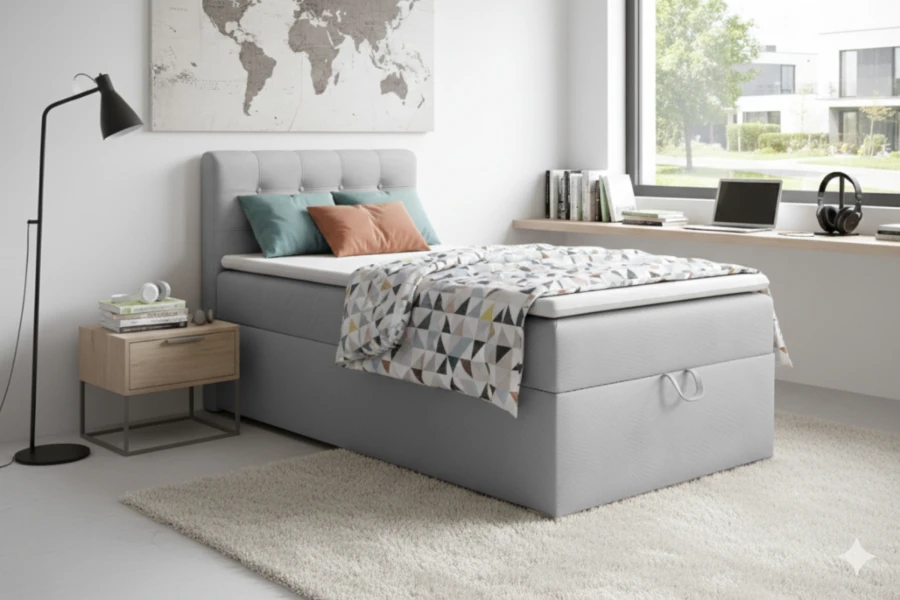 Modernes Schlafzimmer mit grauem Boxspringbett, Nachttisch und großem Fenster.