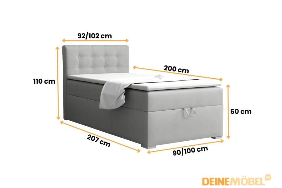 Maßangaben und Abmessungen für das graue Boxspring-Einzelbett.