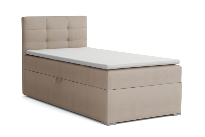 Beiges Boxspringbett mit Stauraum und gestepptem Kopfteil auf weißem Hintergrund.