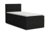 Schwarzes Boxspringbett mit gepolstertem Kopfteil und weißem Topper auf weißem Hintergrund.