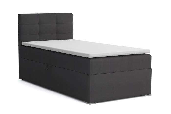 Anthrazitfarbenes Boxspringbett für Singles vor weißem Hintergrund.