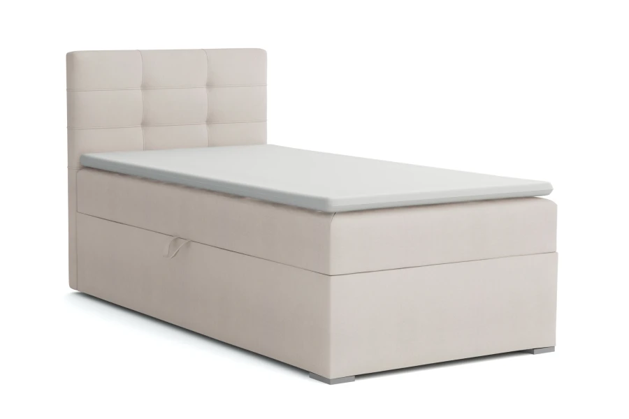 Beiges Boxspringbett 90x200 cm mit Bettkasten und gepolstertem Kopfteil freigestellt.