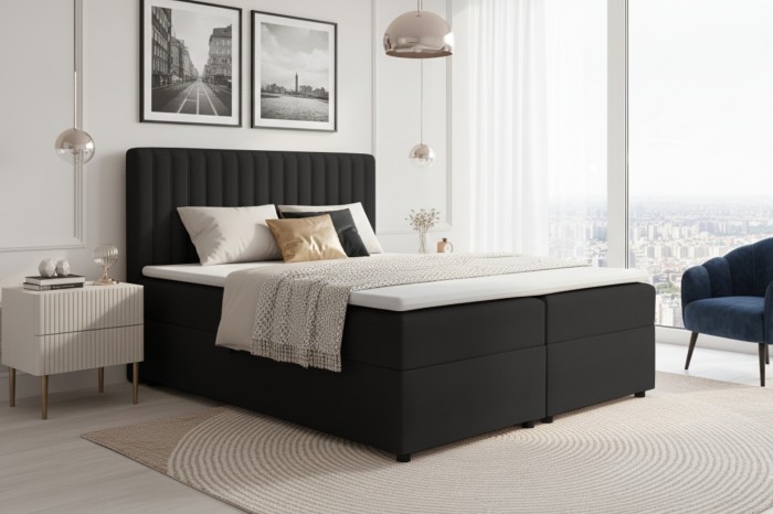 Stilvolles Schlafzimmer mit schwarzem Boxspringbett und Stadtpanorama