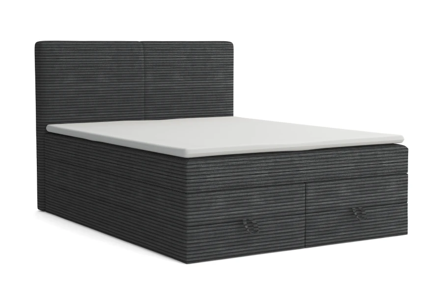 Graues Boxspringbett in Cord-Optik mit Bettkasten auf weißem Hintergrund.