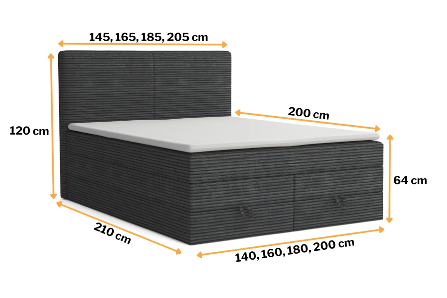 Abmessungen des Boxspringbettes mit Höhen- und Breitenangaben in cm.