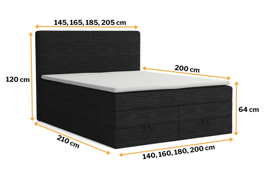 Maßangaben für das Cord-Boxspringbett in verschiedenen verfügbaren Größen.