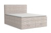 Beiges Boxspringbett in Cord-Optik mit zwei integrierten Schubladen für Stauraum.