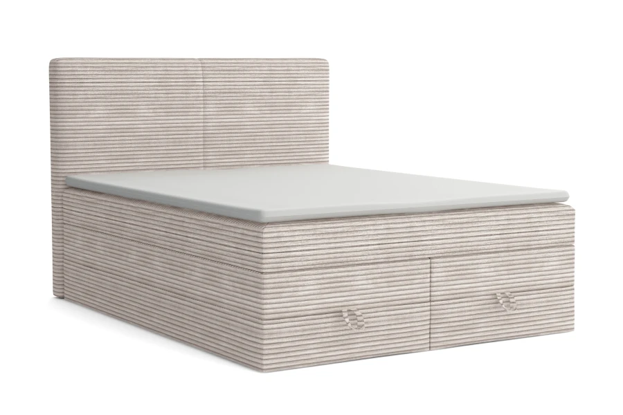 Beiges Boxspringbett in Cord-Optik mit zwei integrierten Schubladen für Stauraum.