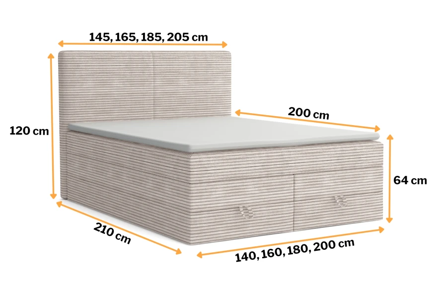 Graphic with the most important measurements and dimensions of the boxspring bed with storage.