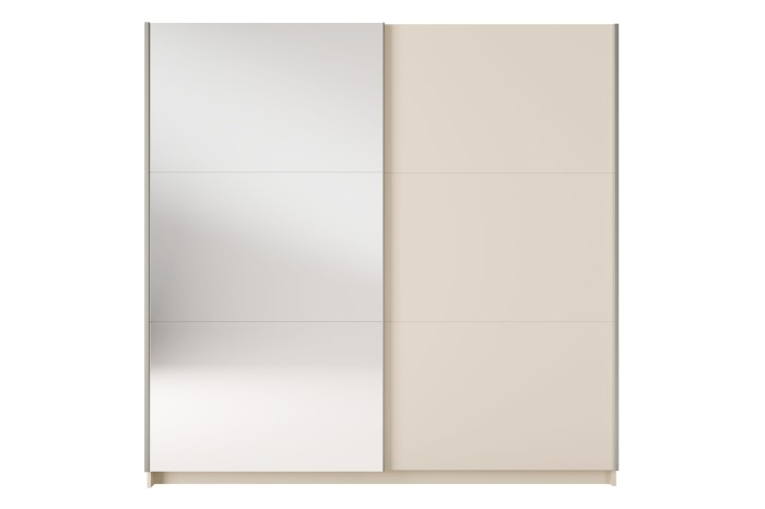 Zweitüriger Schwebetürenschrank in Beige mit großer Spiegelfront für das Schlafzimmer.