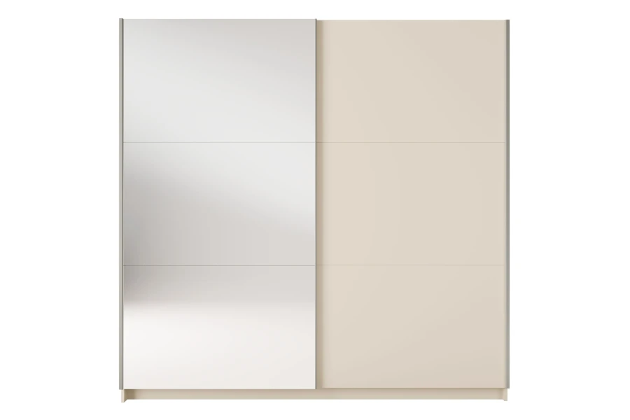 Zweitüriger Schwebetürenschrank in Beige mit großer Spiegelfront für das Schlafzimmer.