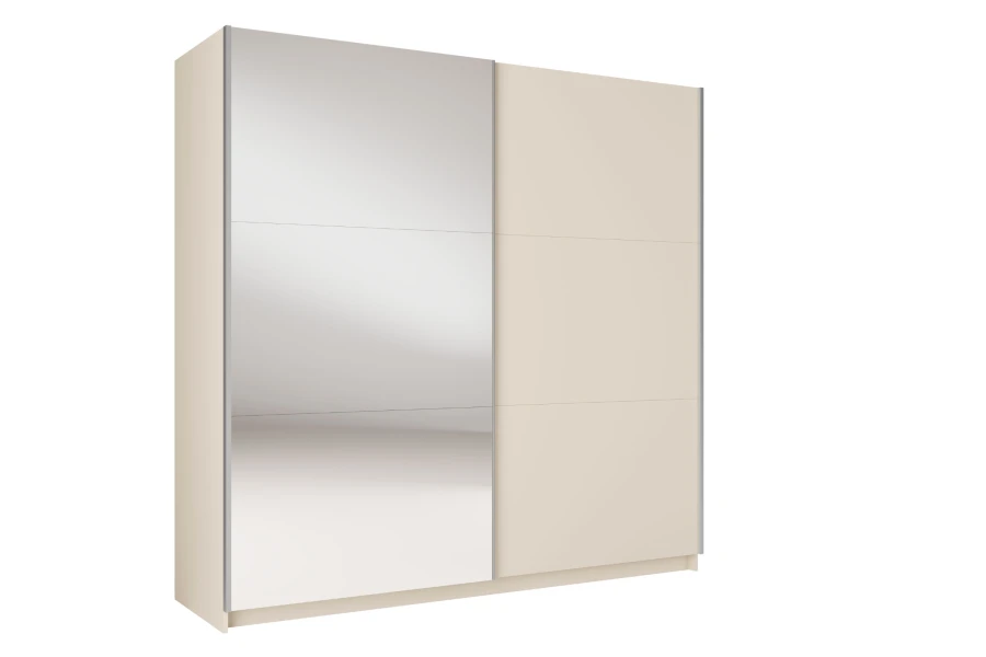 Moderner beiger Schwebetürenschrank mit Ganzkörperspiegel.