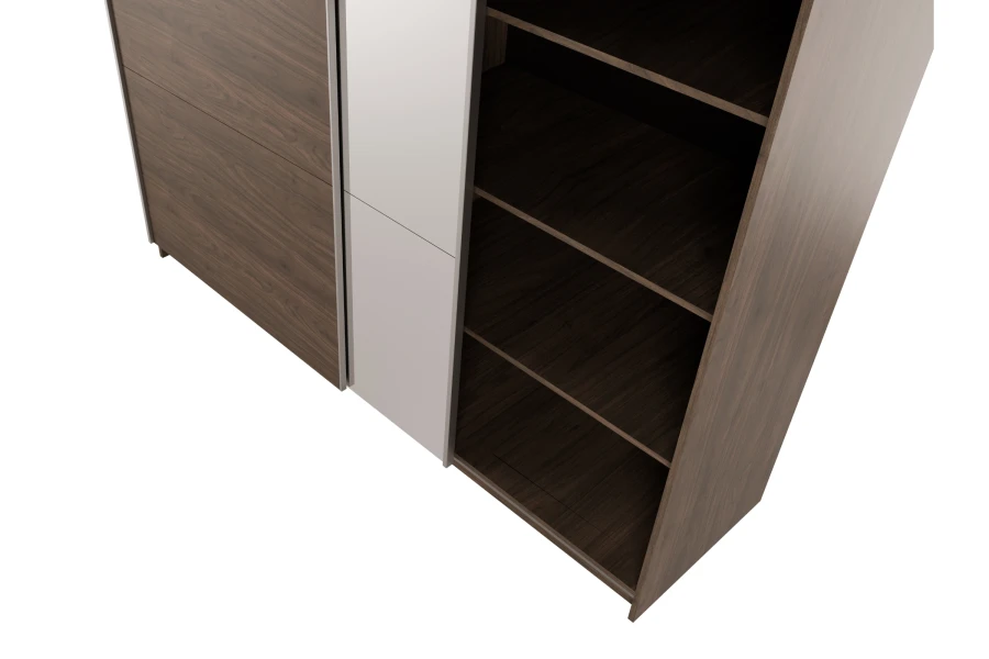 Offener Kleiderschrank in dunkler Holzoptik mit Regalfächern.