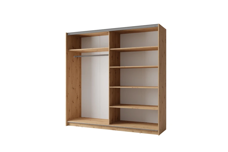 Offener Kleiderschrank Korpus in Eiche mit Einlegeböden und Kleiderstange für optimale Aufbewahrung.