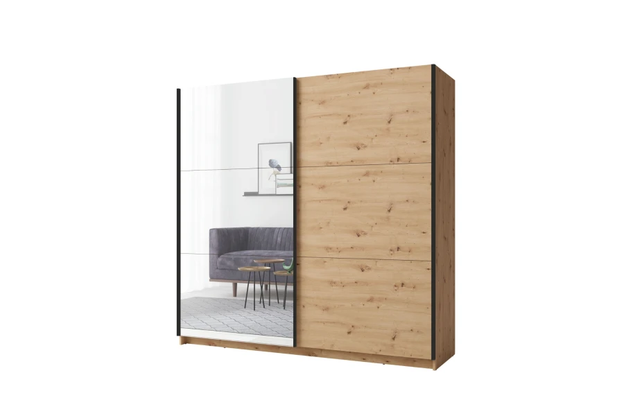 Schwebetürenschrank 2-türig in Eiche-Nachbildung mit großer Spiegelfront für das Schlafzimmer.