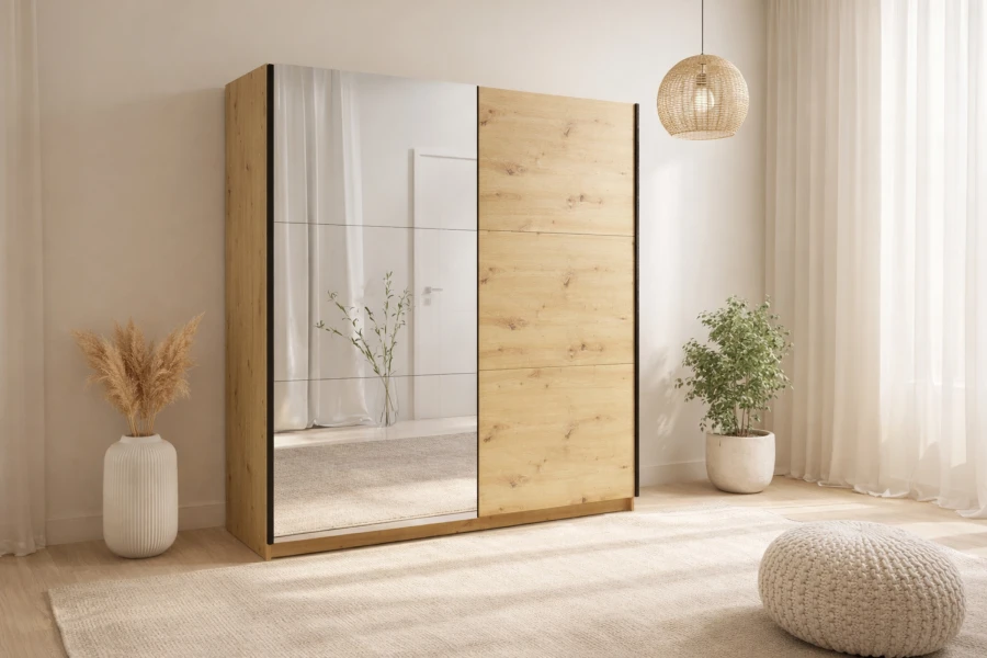 Moderner Schwebetürenschrank in Eiche hell mit Spiegeltür für ein helles Schlafzimmer.