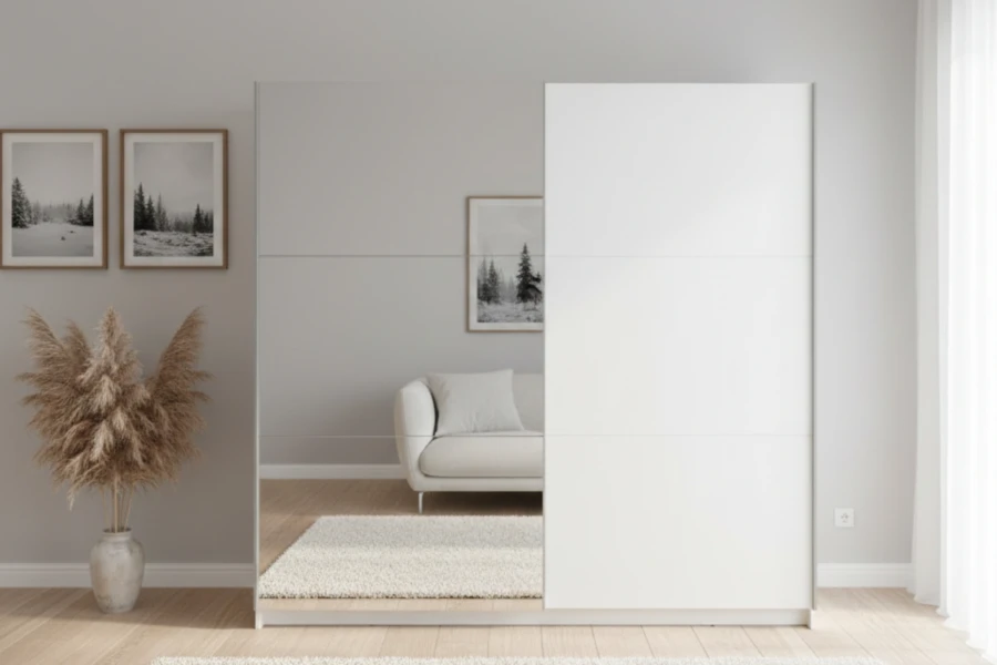 Moderner weißer Schwebetürenschrank mit Spiegel im hellen Wohnzimmer