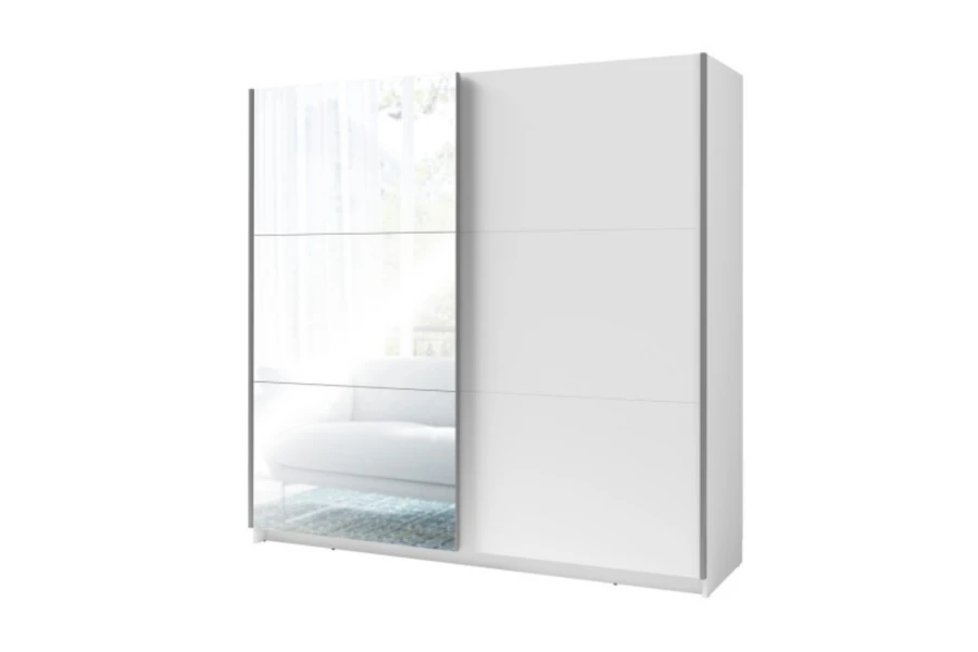 Weißer Schwebetürenschrank mit Spiegeltür und minimalistischem Design