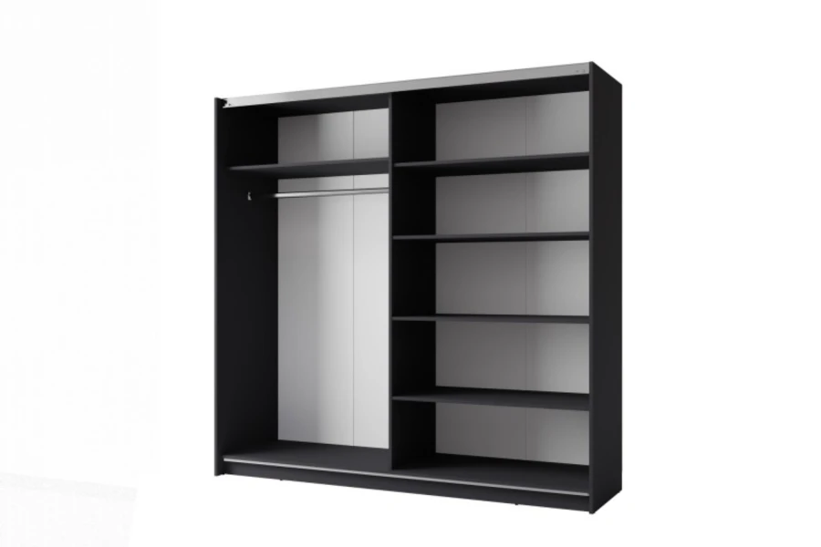 Schwarze Kleiderschrank-Inneneinteilung mit Kleiderstange und mehreren Ablagefächern