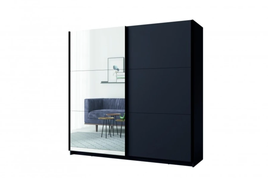Moderner schwarzer Schwebetürenschrank mit großer Spiegelfront, Seitenansicht.