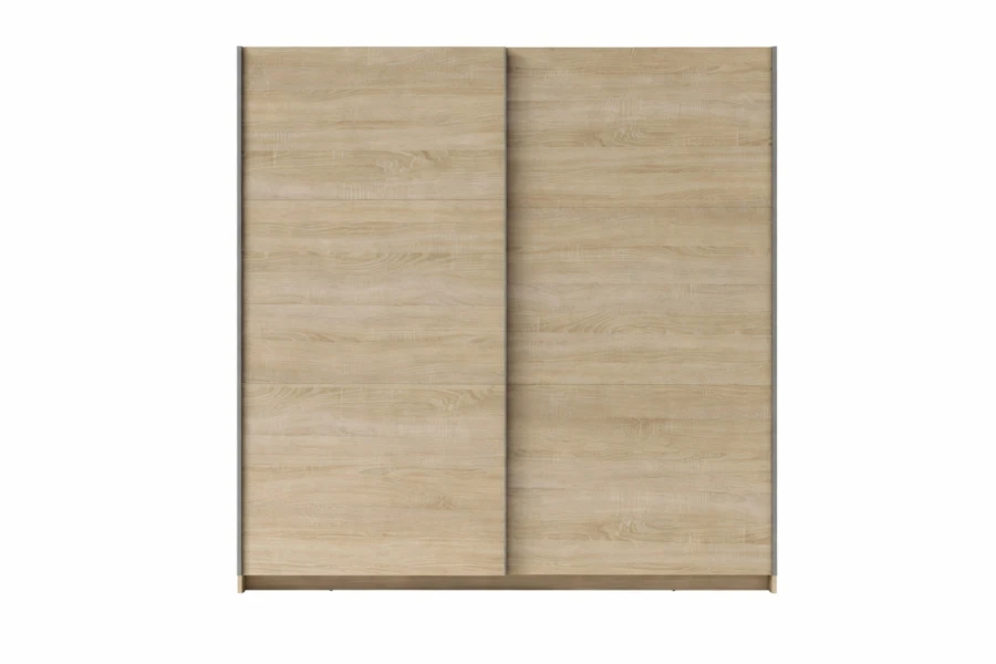 Two-door sliding door wardrobe in oak imitation, front view.