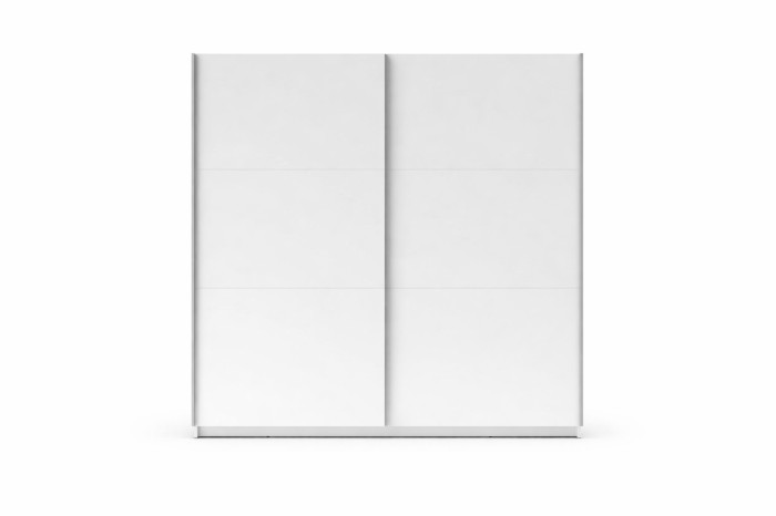 Weißer Schwebetürenschrank mit zwei Türen, schlichtes Schlafzimmermöbel.