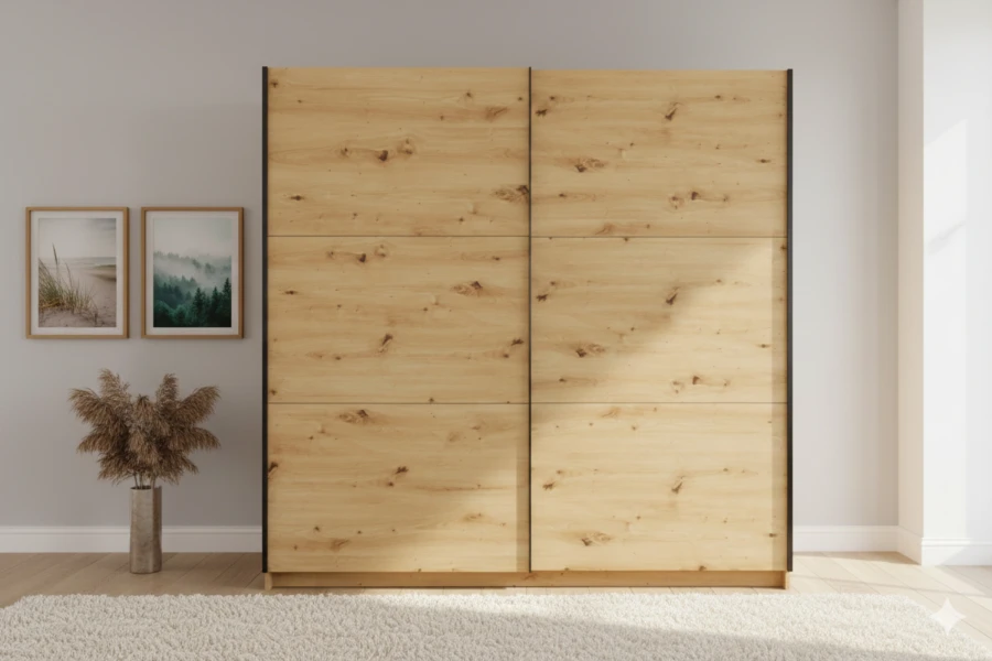 Schwebetürenschrank in heller Eiche-Optik im gemütlich eingerichteten Schlafzimmer.