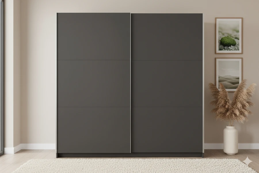 Moderner Kleiderschrank in Dunkelgrau mit Schwebetüren in einem hellen Schlafzimmer.