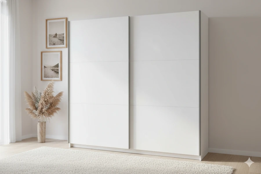 Minimalistischer weißer Schwebetürenschrank für ein helles und freundliches Schlafzimmer.