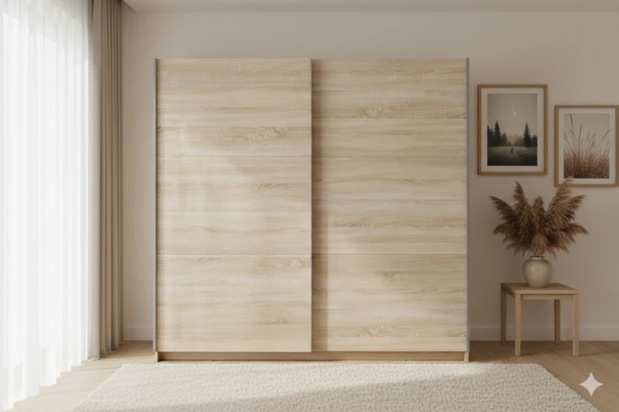Lichte kledingkast in natuurlijke hout-optiek met praktische zweefdeuren.