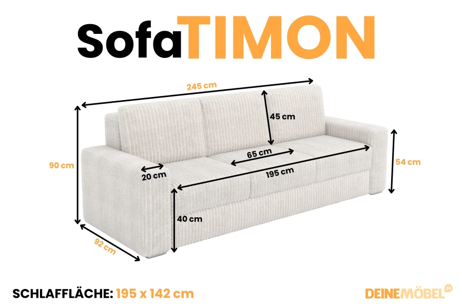 Technische Zeichnung mit Maßen für Sofa TIMON: 245 cm Gesamtbreite und Schlaffunktion.
