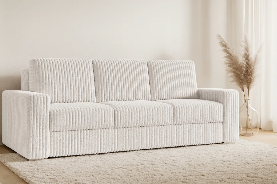 Cosy corduroy sofa Timon in the living room with rug and decoration.