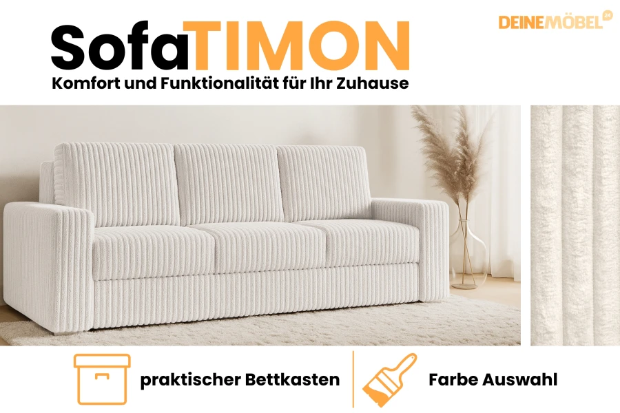 Infografik zum Sofa Timon: Komfort, Bettkasten und verschiedene Farben zur Auswahl.