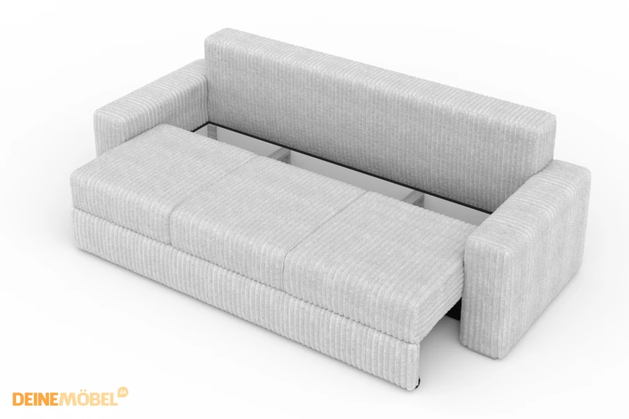 Funktionelles Schlafsofa Timon mit ausgezogenem Bettkasten und Cord-Bezug.