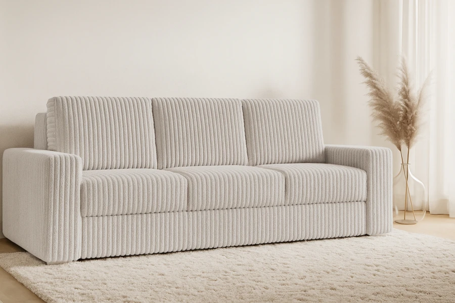 Beiges Cordsofa im modern eingerichteten Wohnzimmer mit Teppich
