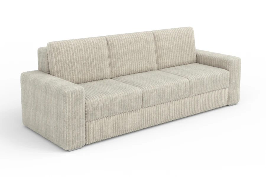 Beiges Cord-Sofa 3-Sitzer, modernes Design, Seitenansicht isoliert auf weiß.