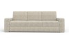 Gemütliches beigefarbenes Cordsofa in Frontalansicht, 3-Sitzer für Wohnzimmer.