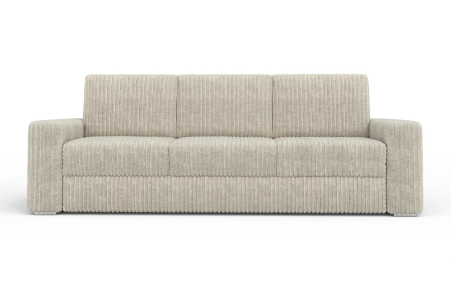 Gemütliches beigefarbenes Cordsofa in Frontalansicht, 3-Sitzer für Wohnzimmer.