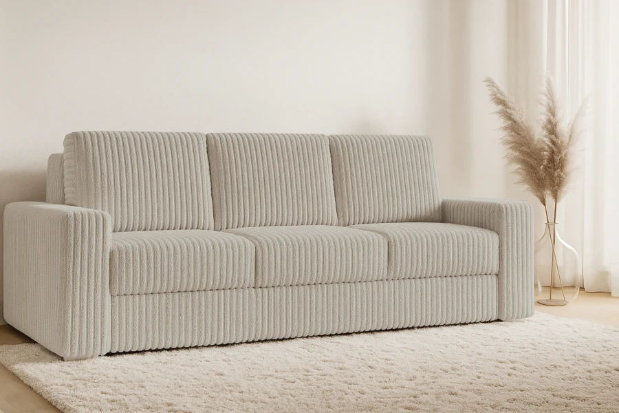 Beiges Cordsofa in stilvollem Wohnzimmer-Ambiente mit Teppich und Pampasgras.
