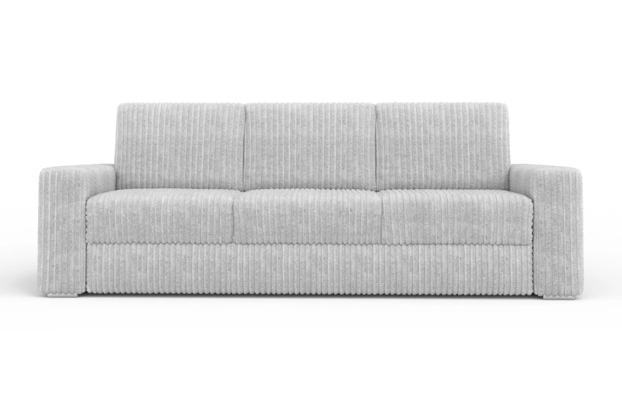 Frontansicht eines hellgrauen Cordsofas, elegantes 3-Sitzer Sofa für das Zuhause.