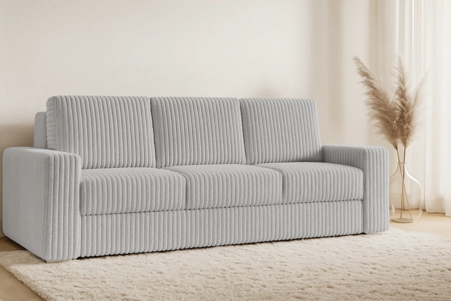 Hellgraues Cordsofa in einem modernen Wohnzimmer mit hellem Teppich und Dekovase.