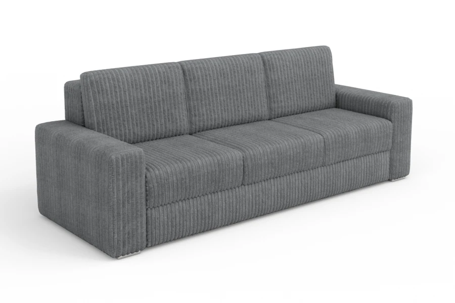 Graues 3-Sitzer Cordsofa vor weißem Hintergrund in perspektivischer Ansicht.