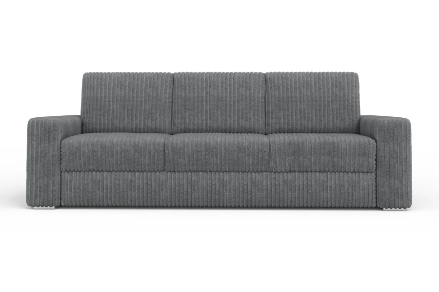 Frontalansicht eines grauen Cordsofas als 3-Sitzer auf weißem Hintergrund.
