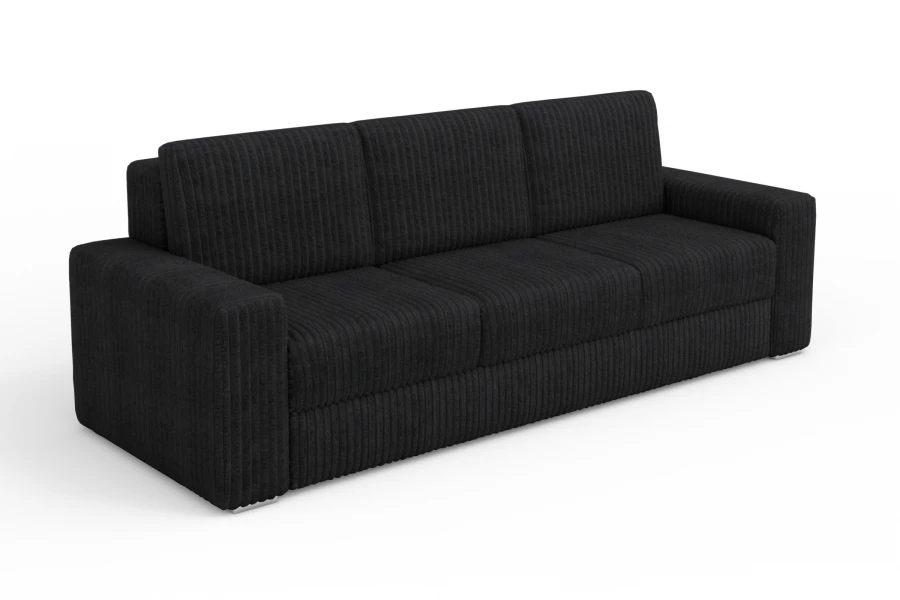 Schwarzes 3-Sitzer Cordsofa in perspektivischer Ansicht auf weißem Hintergrund.