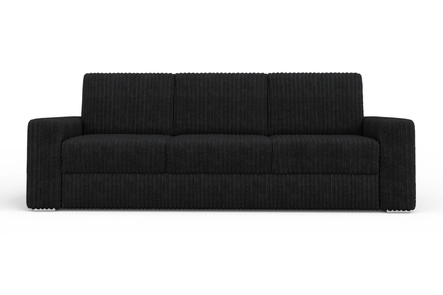 Modernes 3-Sitzer Sofa aus schwarzem Cord, Frontalansicht auf weißem Grund.