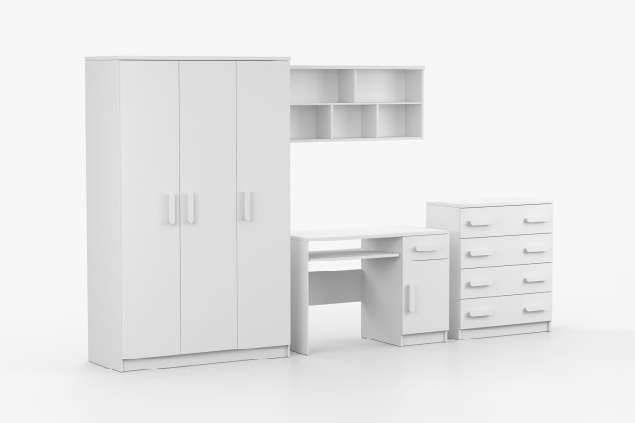 Weißes Möbelset bestehend aus Kleiderschrank, Schreibtisch, Kommode und Hängeregal.