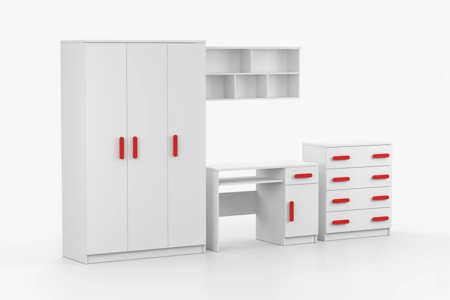 Modernes Jugendzimmer-Set in Weiß mit roten Griffen, Kleiderschrank, Schreibtisch und Kommode.