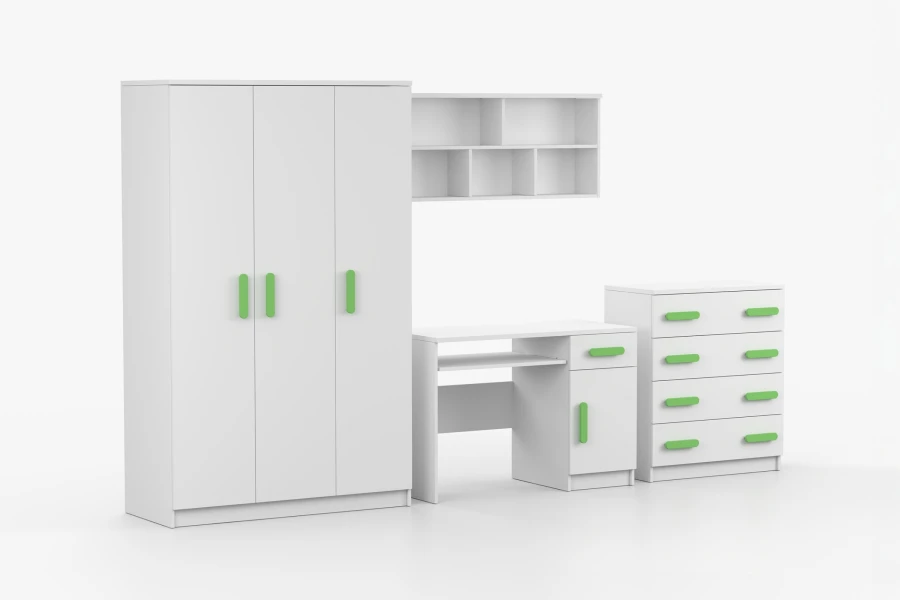 Weißes Kinderzimmer-Möbelset mit hellgrünen Griffen, vierteilig inklusive Schreibtisch und Schrank.