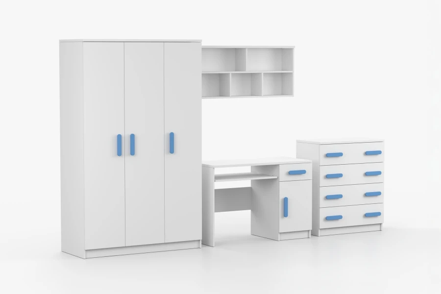Jugendzimmer-Möbel weiß mit blauen Akzenten, Set aus Kleiderschrank, Kommode und Schreibtisch.