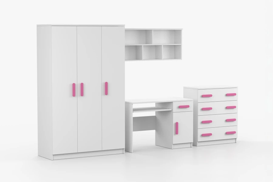 Komplettes Kinderzimmer-Set in Weiß mit rosa Griffen, Schrank, Schreibtisch und Kommode.